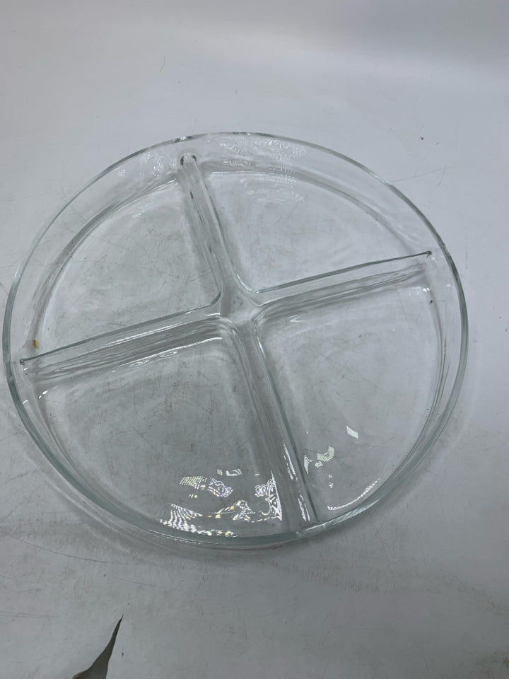 SHALLOW DIVIDED CIRCLE THICK GLASS SERVING PLATTER.