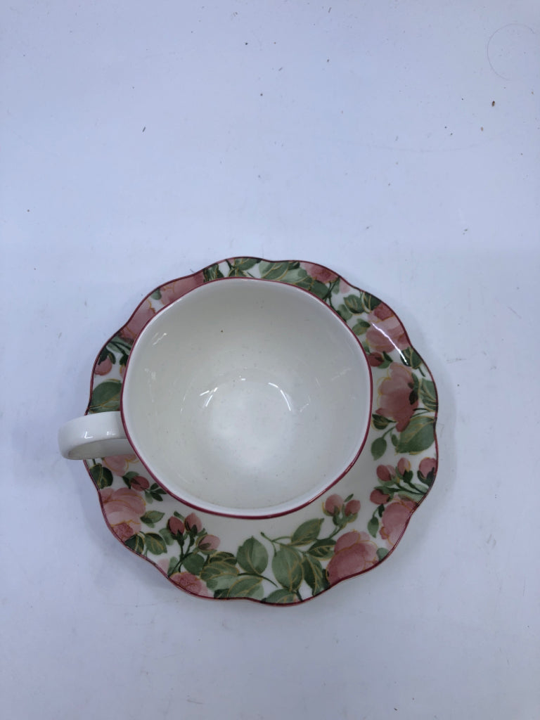 PINK FLORAL WATER COLOR TEACUP AND SAUCER.