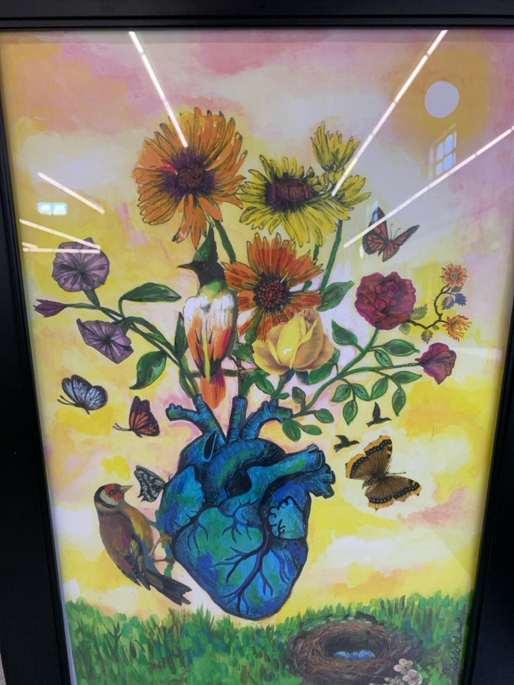 HEART, BIRD & FLOWER PICTURE W/NEST IN BLACK FRAME.