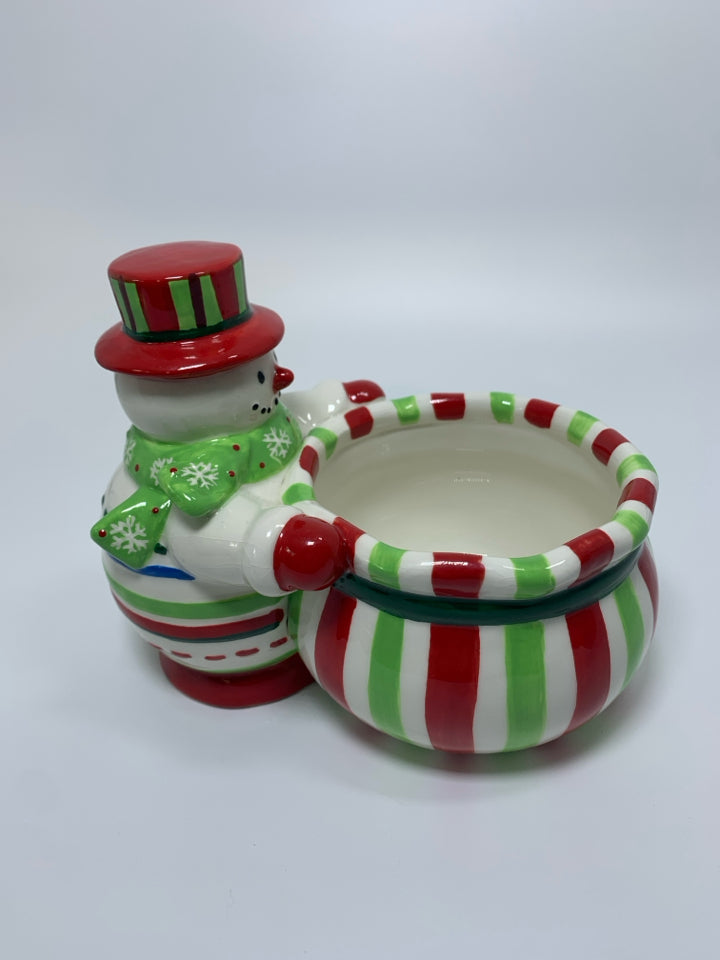 CERAMIC SNOWMAN HOLDING STRIPED SACK CANDY DISH.