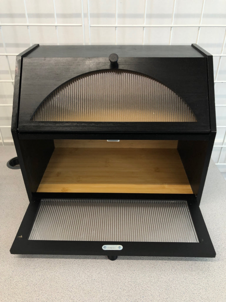2-SECTION BLACK WOODEN BREAD BOX.