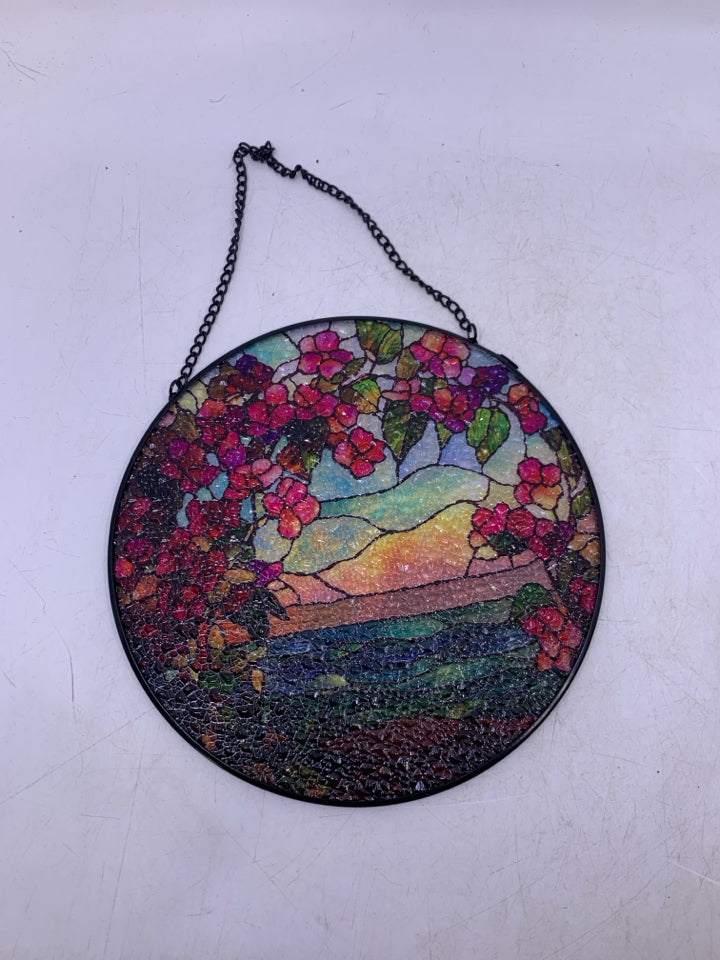 TEXTURED GLASS LANDSCAPE W/ PINK FLOWER BLOSSOMS WALL HANGING.