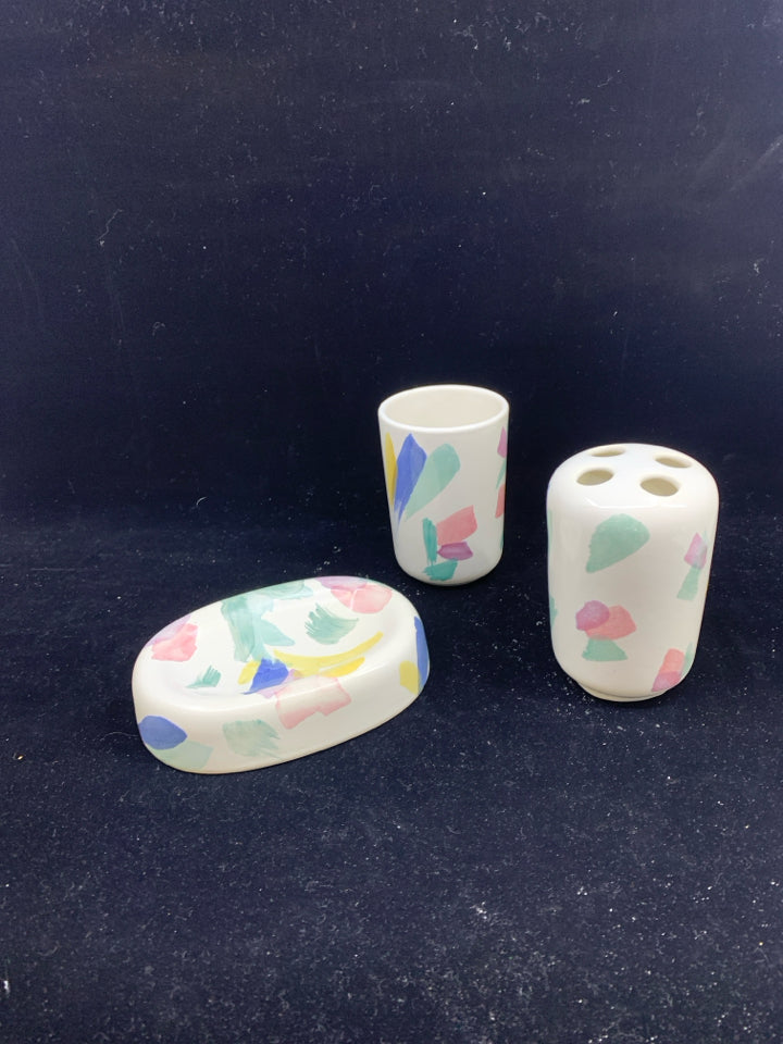3 PC SOAP/TOOTHBRUSH/CUP BATHROOM SET WHITE W/GREEN/PINK/BLUE/PURPLE BRUSH DESIG