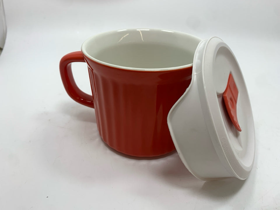 RED CORNING WARE SOUP MUG W/LID.