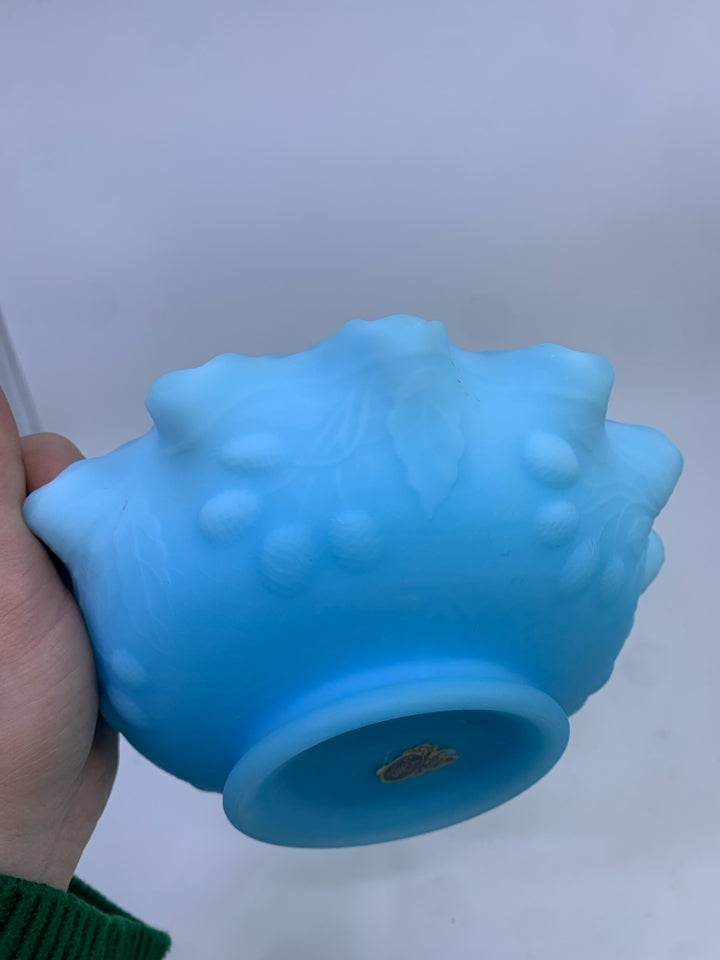 VTG FOOTED LIGHT BLUE FENTON BOWL W/ RUFFLED EDGE.