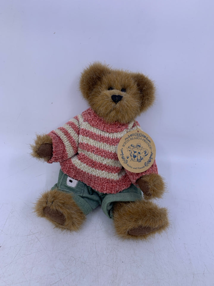 SMALL LIGHT BROWN BEAR W/ PINK STRIPED SWEATER.