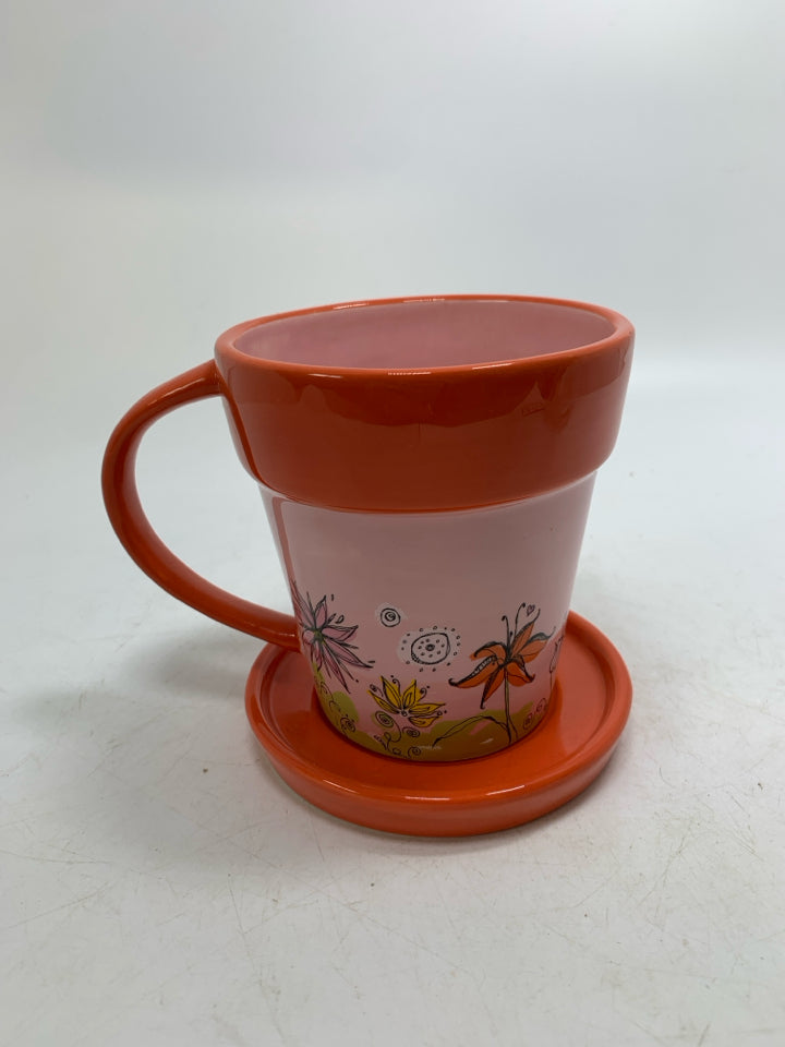 PINK ORANGE FLOWER POT FLORAL MUG W/ SAUCER 2006.