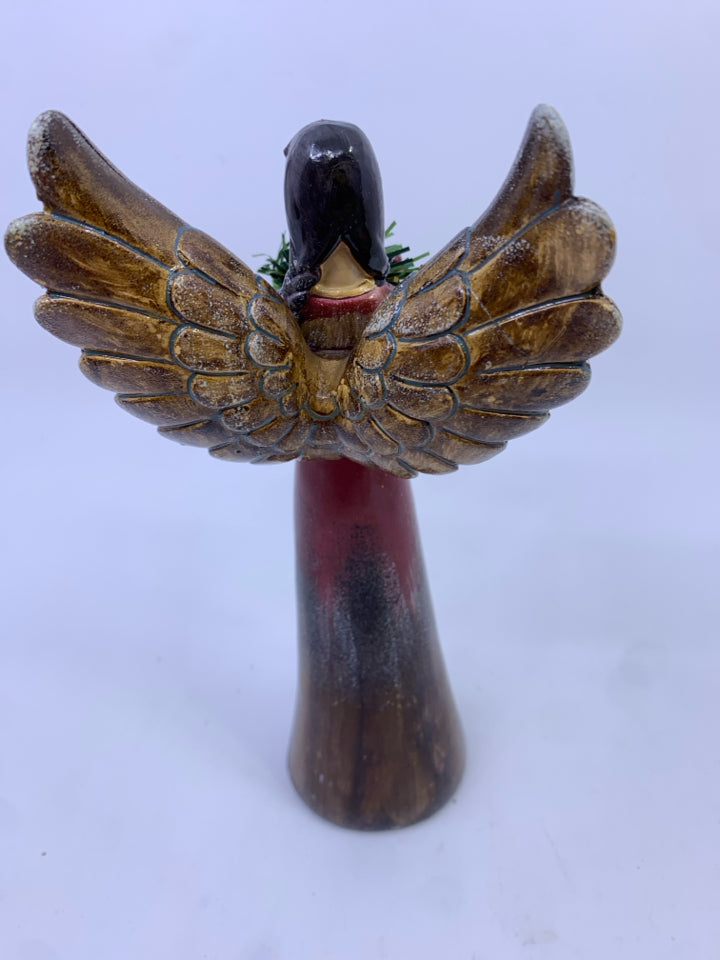 RESIN DARK BROWN HAIR ANGEL HOLDING HOLIDAY WREATH.