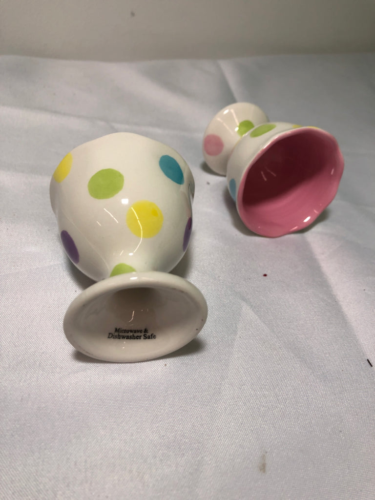 2 PASTEL POLKA DOT EGG CUPS.