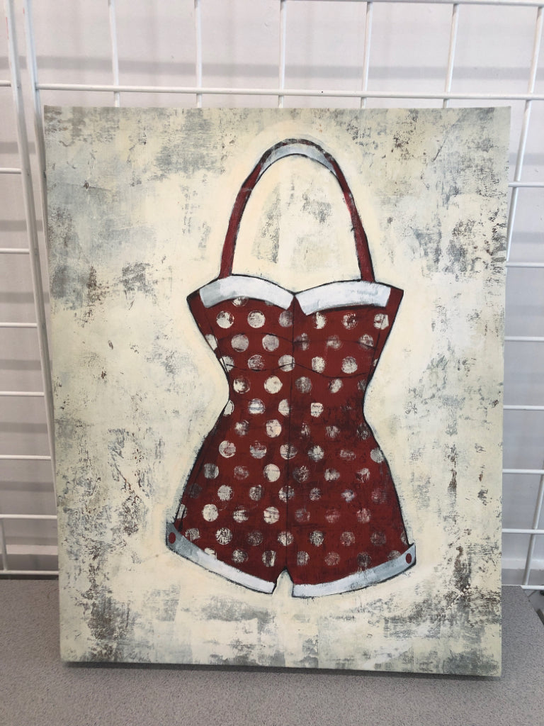 RED & WHITE POLKA-DOT VTG BATHING SUIT CANVAS PAINTING.