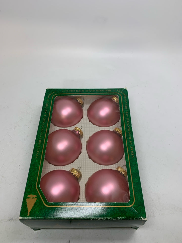 6 LIGHT PINK GLASS ORNAMENTS IN BOX CHRISTMAS BY KREBS.