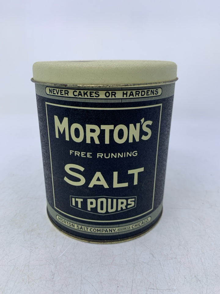 METAL MORTON'S SALT CANISTER.