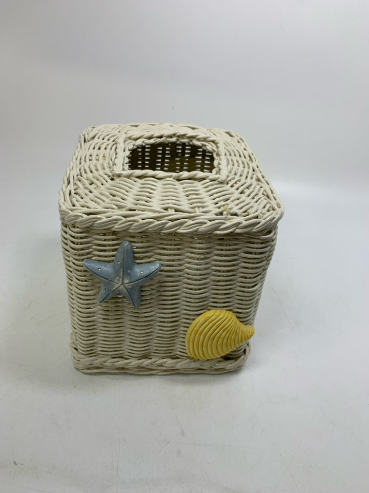 CREAM PAINTED WICKER TISSUE BOX COVER.