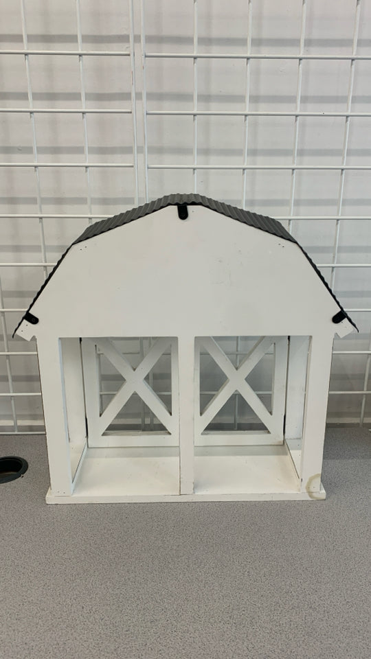 WHITE WOOD DECORATIVE BARN W/BLACK ROOF.