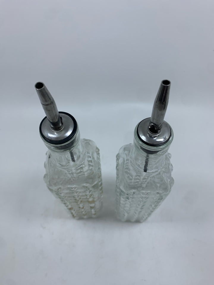 2 BUBBLE GLASS OIL/VINEGAR BOTTLES.