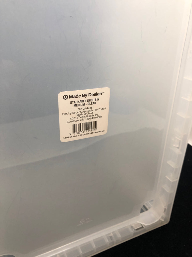 CLEAR PLASTIC SHOE STORAGE BIN W/DOOR.
