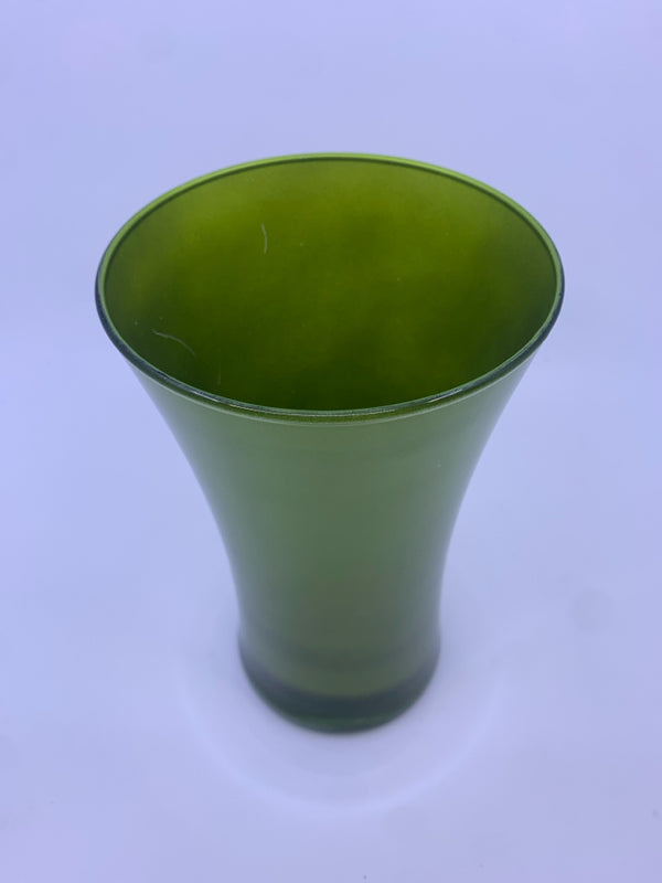 TALL GREEN TINTED GLASS VASE.