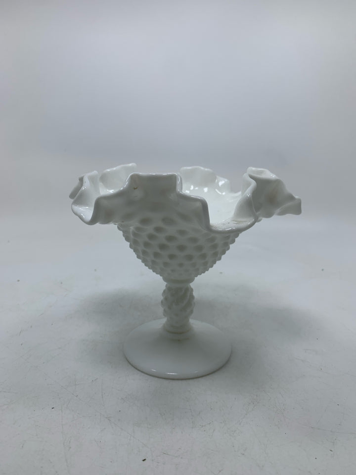 VTG HOBNAIL MILK GLASS PEDESTAL BOWL W/ RUFFLED EDGE.