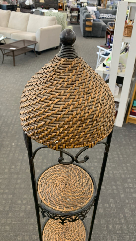 4 TIER BLACK METAL ROUND PLANT SHELF W/WOVEN DOME TOP.