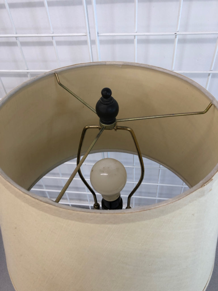 GLASS BULB METAL LAMP W/CREAM SHADE.