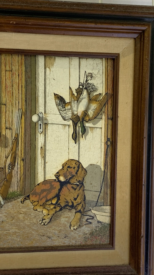 VTG DOG W GEESE IN WOOD FRAME WALL ART.