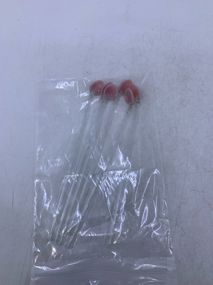 6 GLASS DRINK STRRING SPOONS W/ PINK BASES IN BAG.