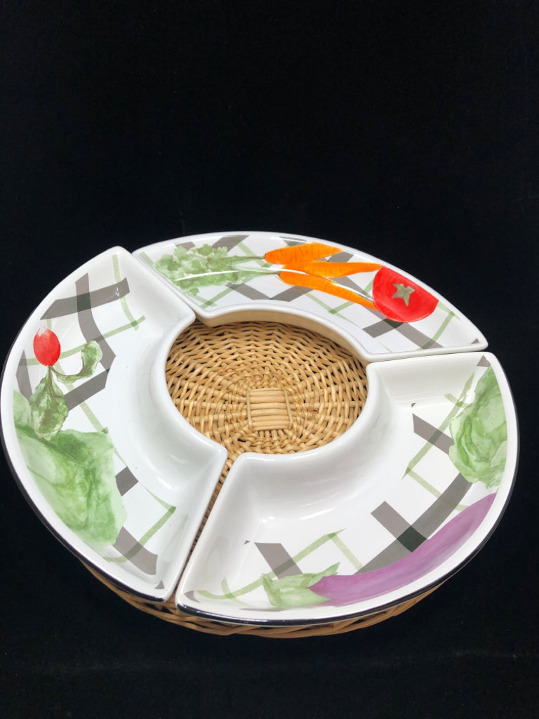 5PC VEGETABLE DIVIDED RELISH AND DIP SET W/BASKET TRAY.