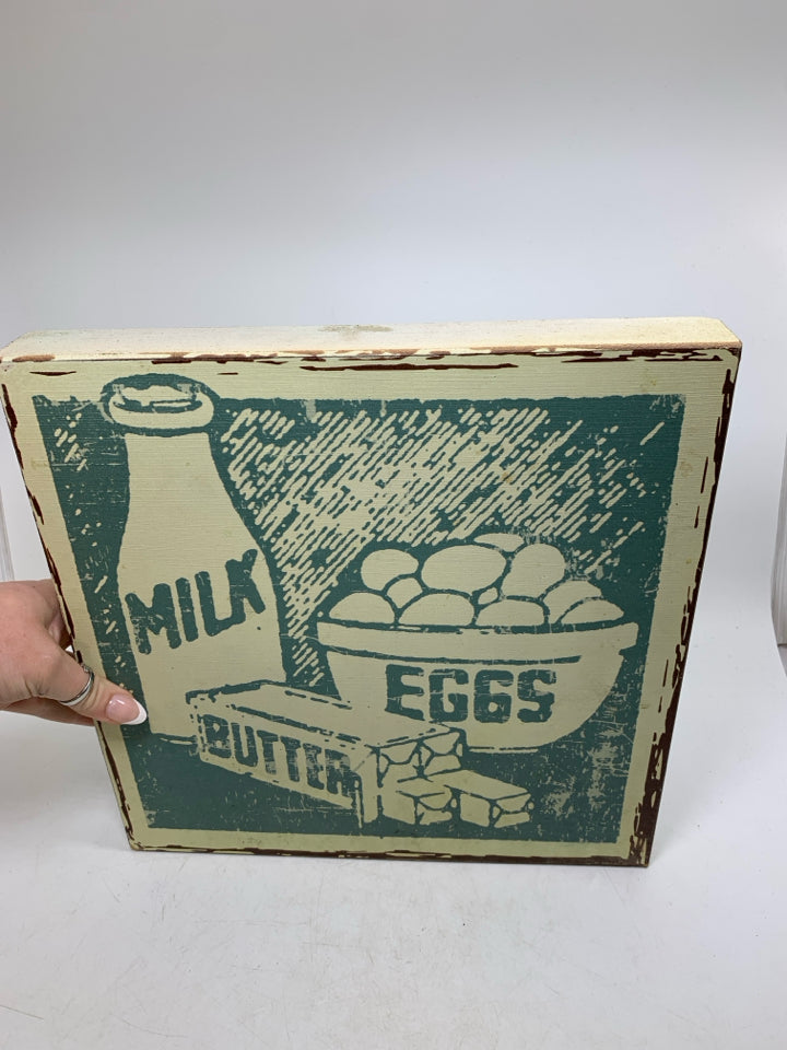 MILK EGGS BUTTER DISTRESSED WALL HANGING.