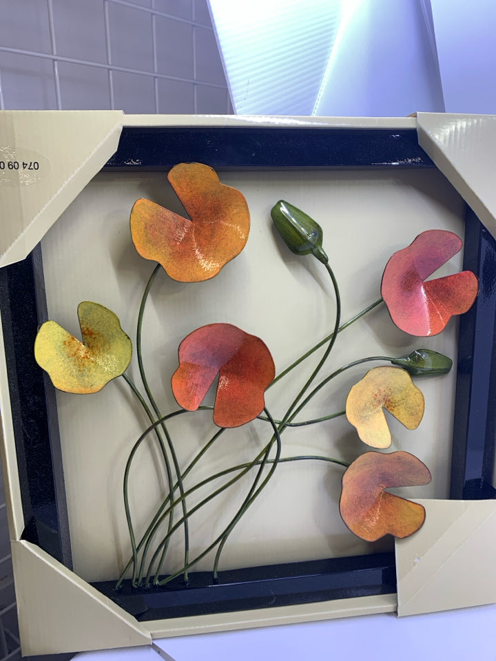 METAL SQUARE WALL ART W/ COLORED LILLY PADS.
