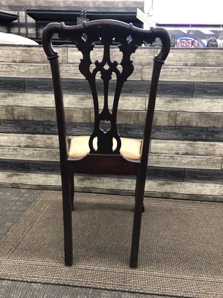 VTG DARK WOOD ACCENT CHAIR W TAN AND PERIWINKLE FLORAL.