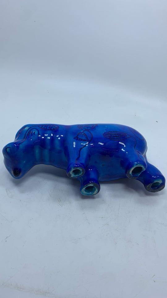 BLUE CERAMIC HIPPO W/SKETCH DESIGNS.