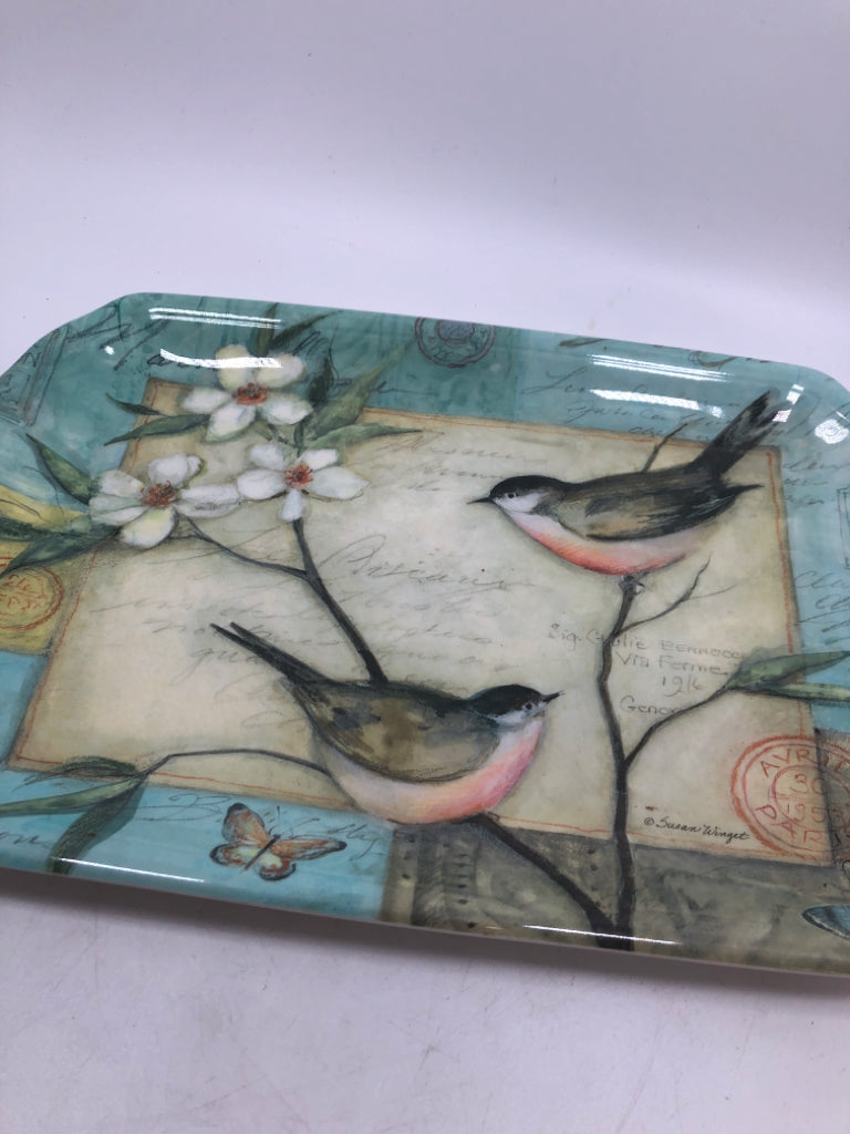 TEAL PLASTIC PLATE W/ CHICKADEES.