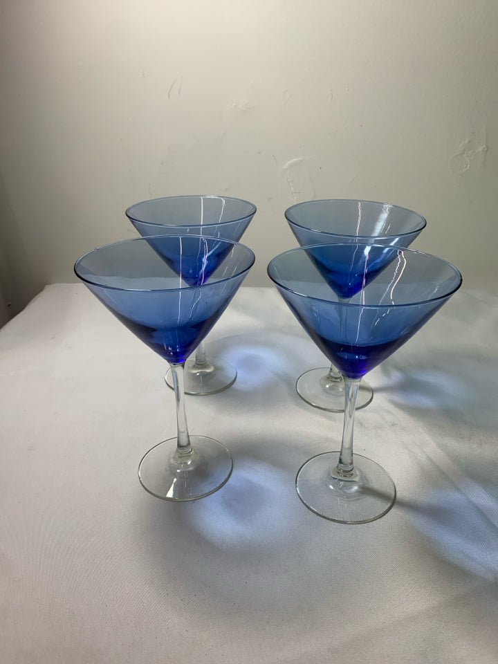 4 BLUE/CLEAR GLASS MARTINI GLASSES.