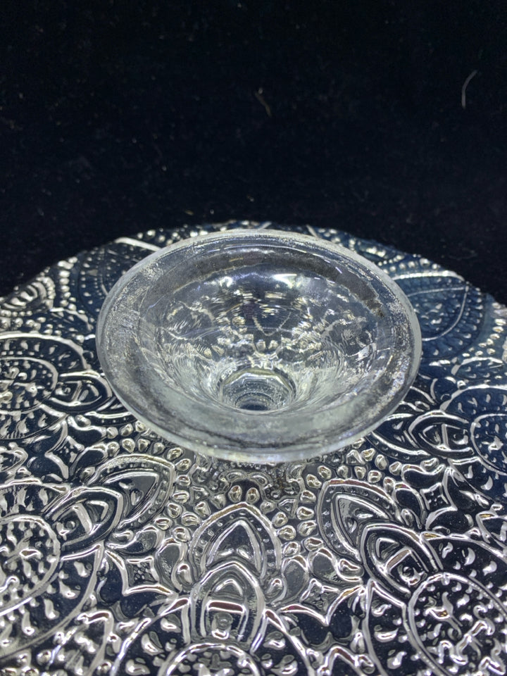 SLIVER GLASS ORNATE SERVER ON PEDESTAL.
