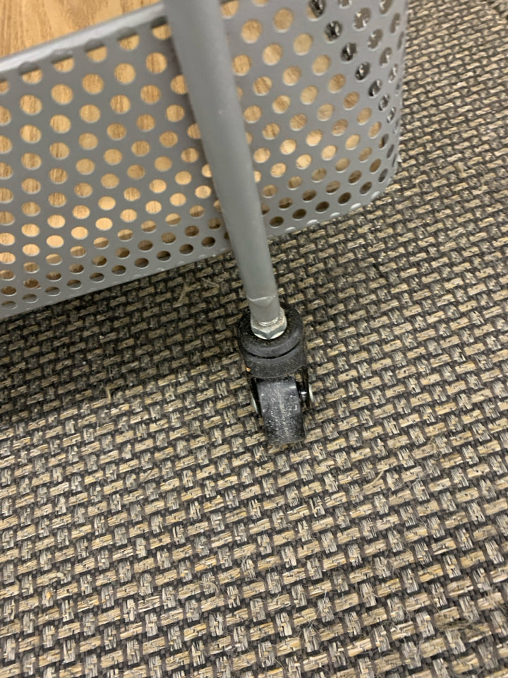 3-TIER ROLLING UTILITY CART W/METAL AND WOOD INSERTS ON THE SHELVES.