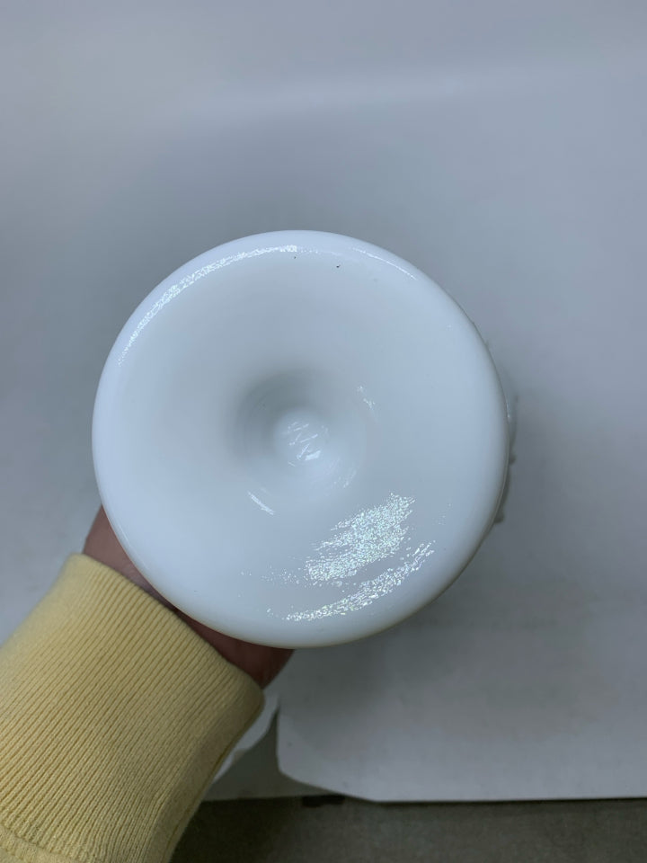 FOOTED EMBOSSED GRAPES MILK GLASS COVERED JAR LACE EDGE.