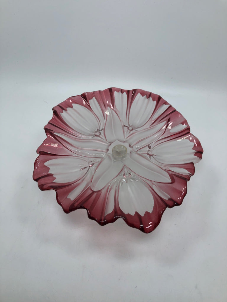 VTG CRANBERRY GLASS ROSE PEDESTAL BOWL.