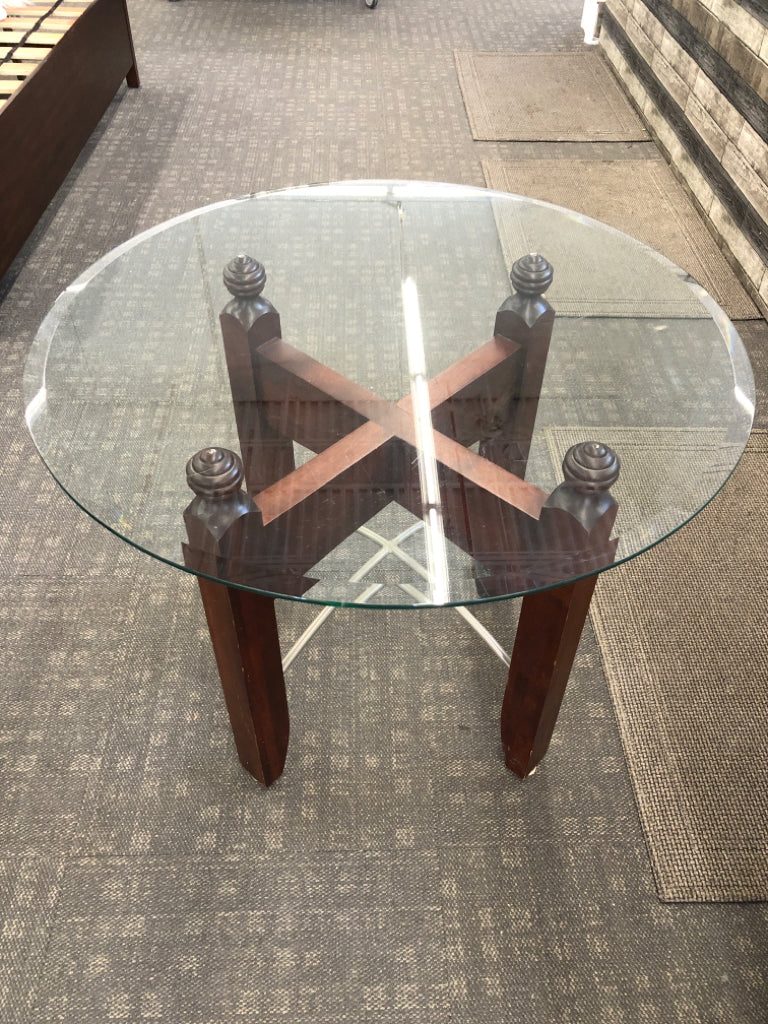 ROUND GLASS TABLE W/WOOD BASE *MINOR WEAR.