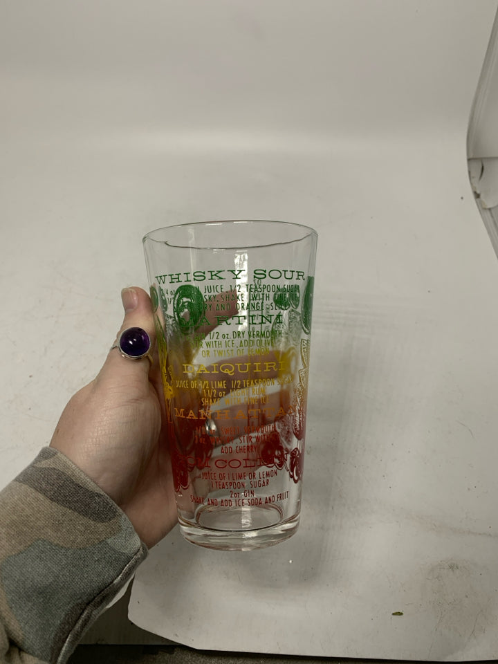 VTG MR BARTENDER RECIPE GLASS.