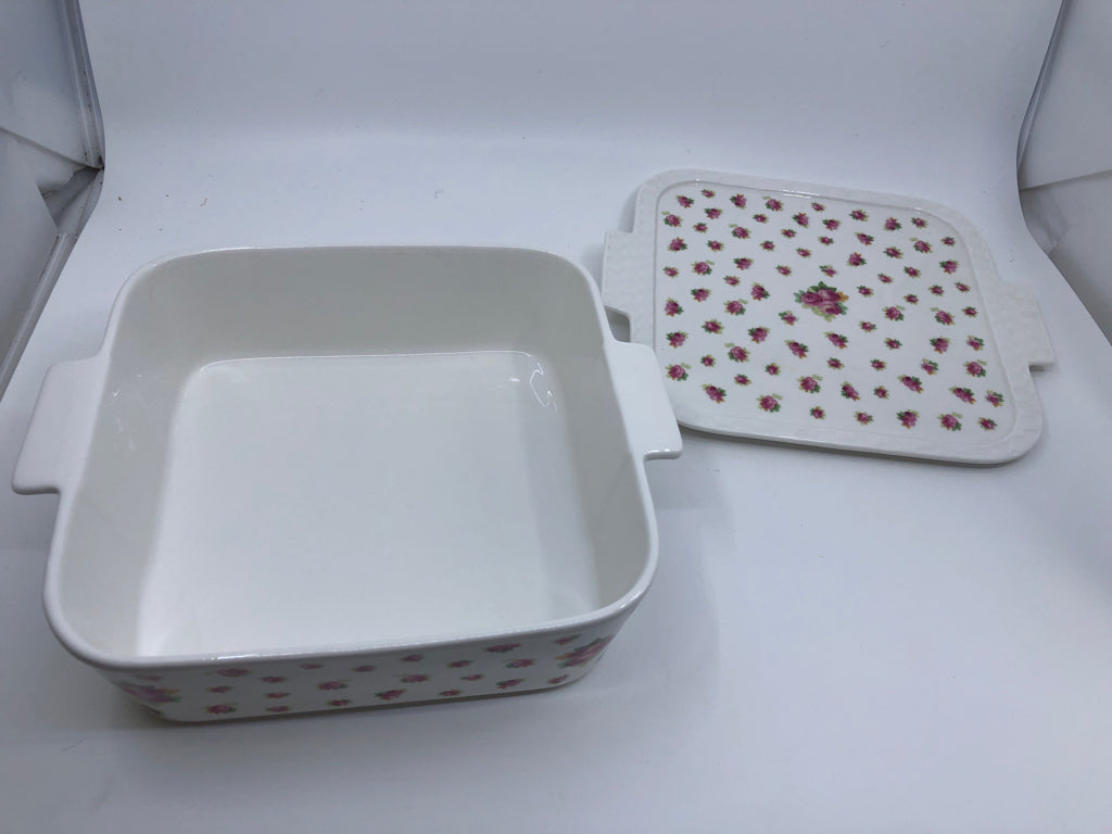 SQUARE PINK ROSES BAKING DISH W LID.
