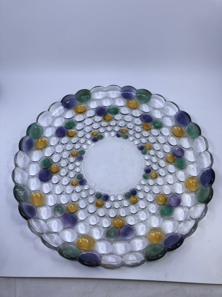 LARGE HEAVY GLASS PLATTER BUBBLE DESIGN PURPLE GREEN YELLOW.