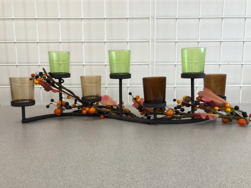 MAPLE LEAVES CANDLE HOLDER W/COLORFUL GLASS VOTIVES.