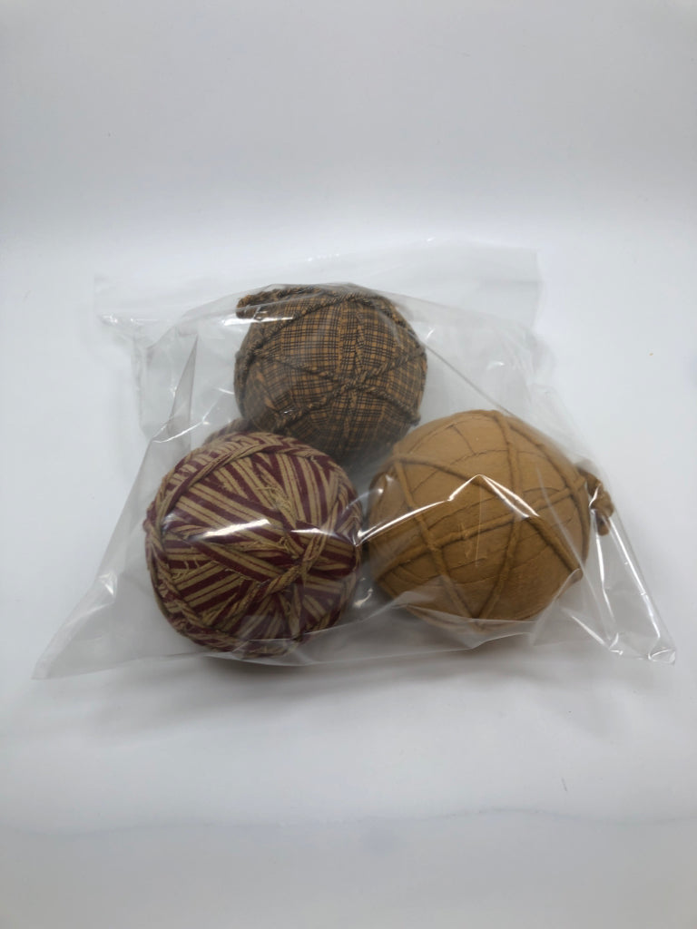 3 TAN, BLUE, RED FABRIC BALL BOWL FILLER.