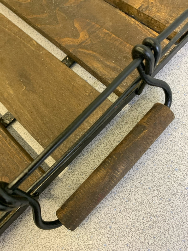 DARK WOODEN TRAY W/METAL SIDES & HANDLES.