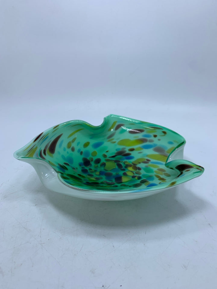 TEAL ABSTRACT BLOWN GLASS CATCH ALL BOWL W/ COLORED SPECKLES.