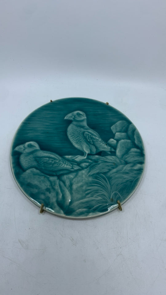 EDGECOMB POTTERS BLUE GLAZED BIRD CARVED WALL PLAQUE.