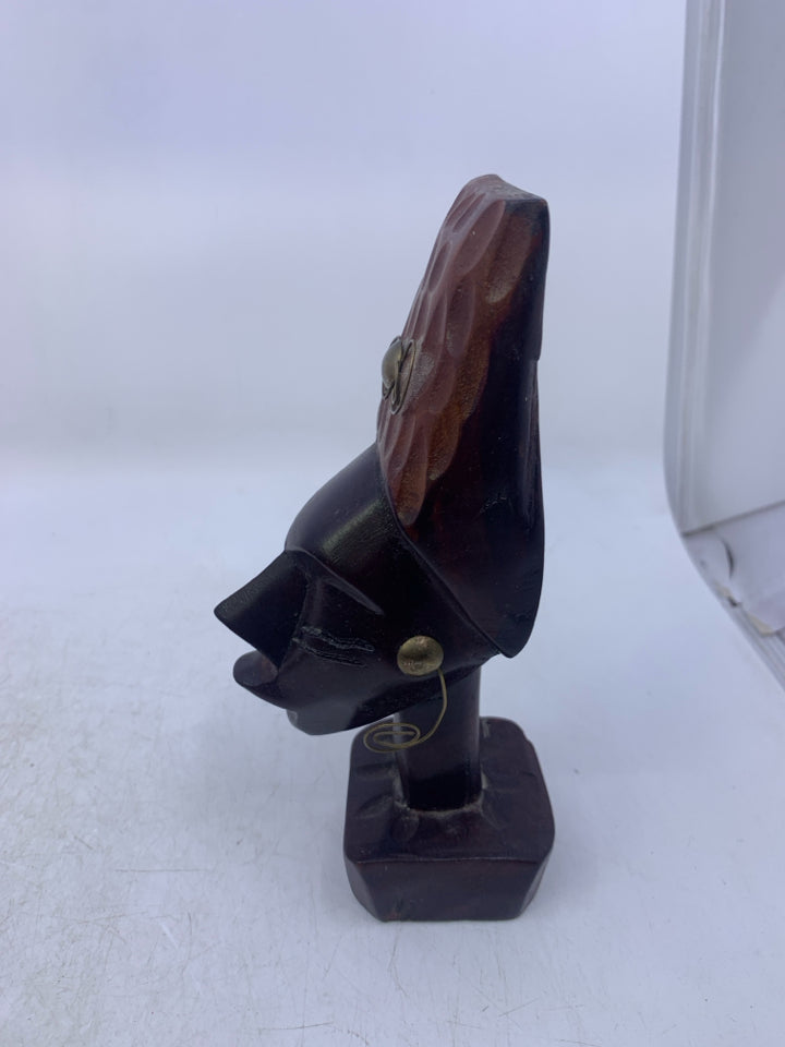 DARK GLOSSY CARVED WOOD HEAD W/ METAL DANGLE EARRINGS FOLK ART.