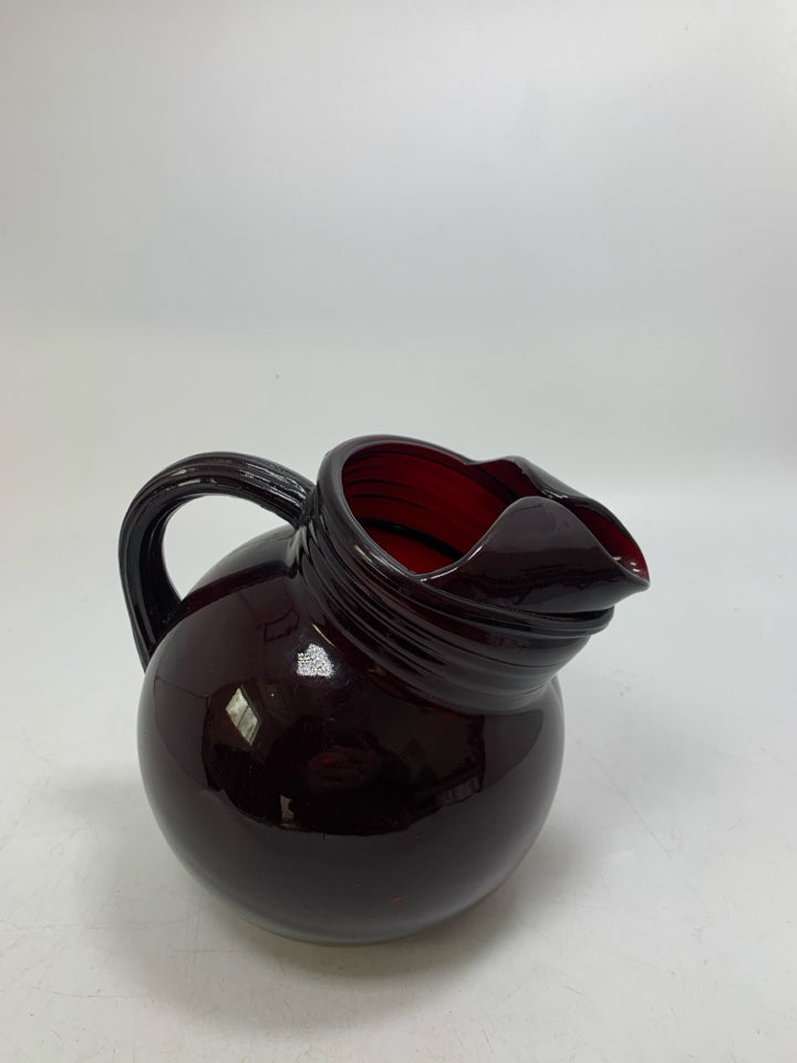 VTG RUBY RED GLASS TILT BALL PITCHER ICE LIP.