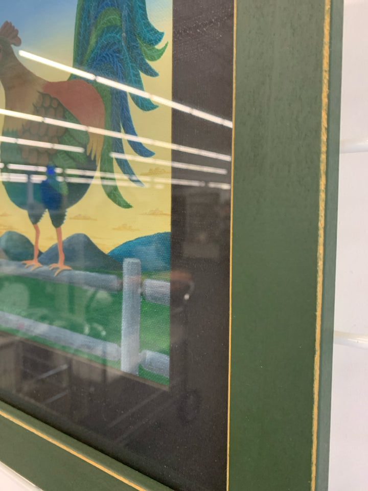 ROOSTER PRINT IN GREEN FRAME.