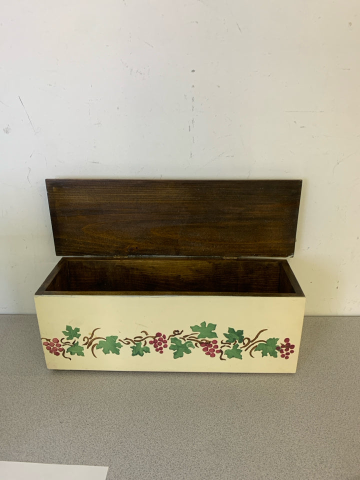 SMALL HAND PAINTED GRAPE CHEST W DARK WOOD TOP.